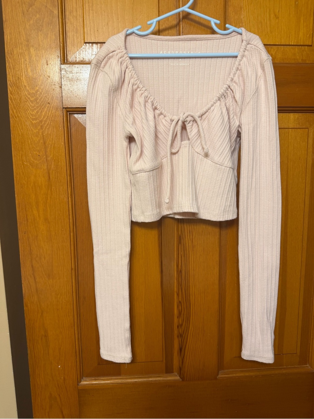 Tie-Front Ribbed Long Sleeve Top in Pale Pink